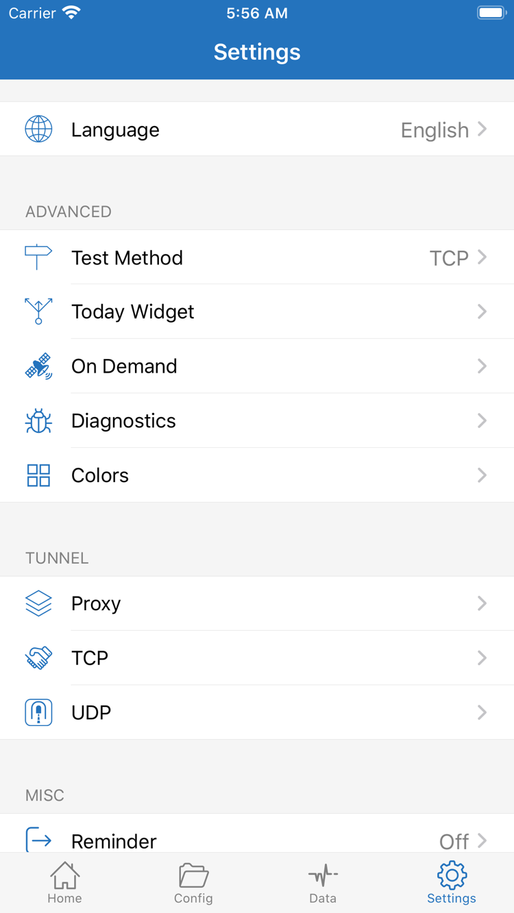 Shadowrocket Settings 화면: Language, Test Method, Today Widget, On Demand, Diagnostics, Proxy, TCP 및 UDP 표시