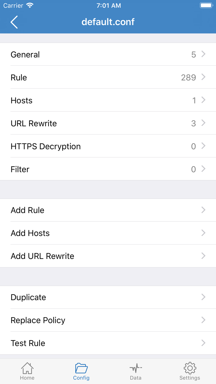 Shadowrocket Config 구성 편집 화면: General, Rule, Hosts, URL Rewrite, HTTPS Decryption 및 Add Rule 표시