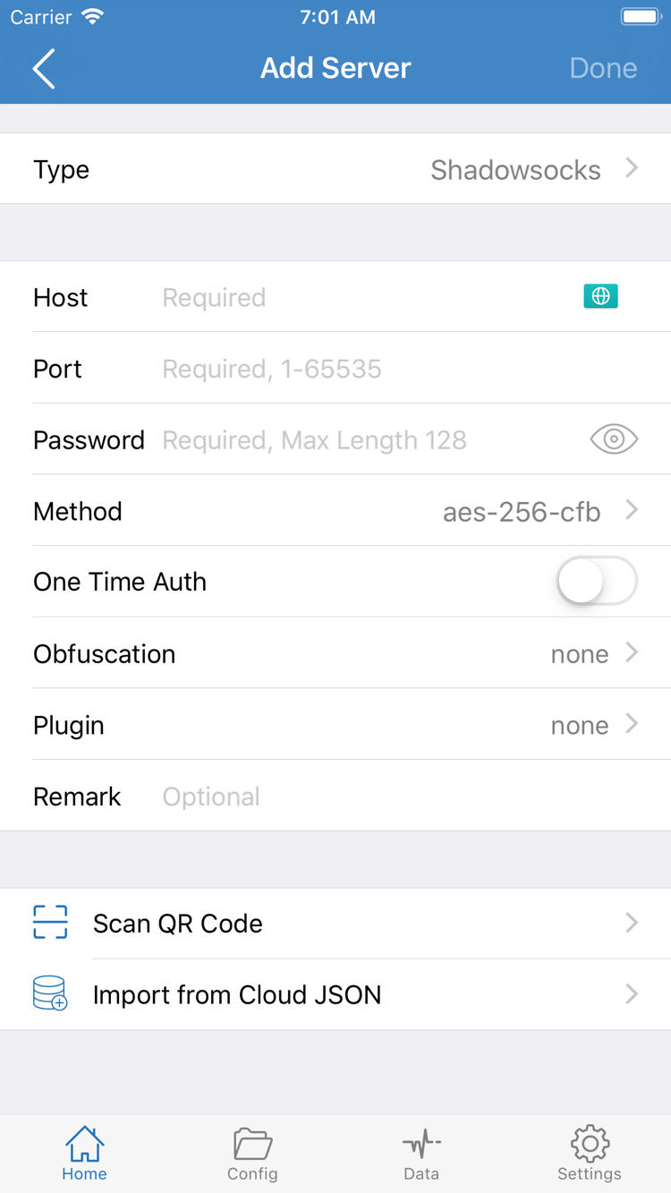 Shadowrocket Add Server 화면: Type, Host, Port, Password, Method 및 가져오기 메뉴 표시