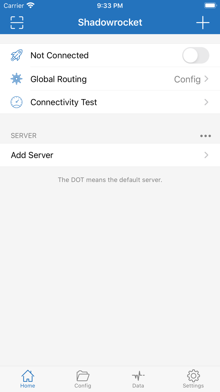 Shadowrocket Home 官方截图，显示连接开关、Global Routing 与 Add Server